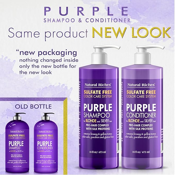 Natural Riches Purple Shampoo and Conditioner Set for Blonde, Silver & Grey Hair – Sulfate-Free, Color-Safe, Removes Brassy & Yellow Tones for Natural, Highlighted, and Bleached Hair – 16x2 fl oz