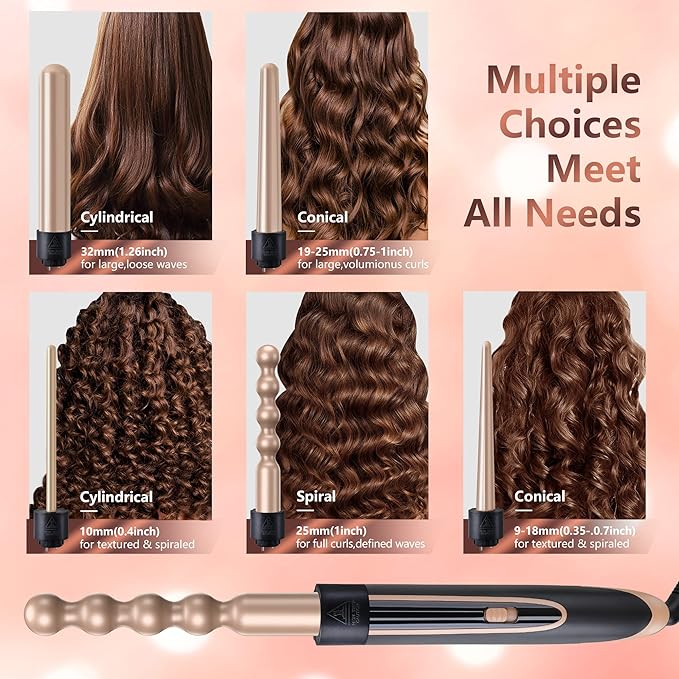 5-in-1 Interchangeable Curling Iron Set - Instant Heat-Up, Ceramic Wands (0.35-1.25 Inch), Beach Waver for Short and Long Hair Styling