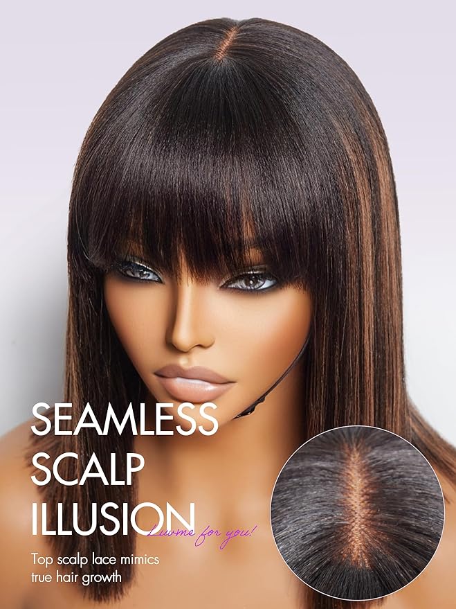 LUVME HAIR 12 Inch Yaki Straight Bob Wig with Bangs Human Hair Glueless HD Lace Bob Wig with Brown Highlights, Ready to Go Short Wigs For Women 180 Density Breathable Cap