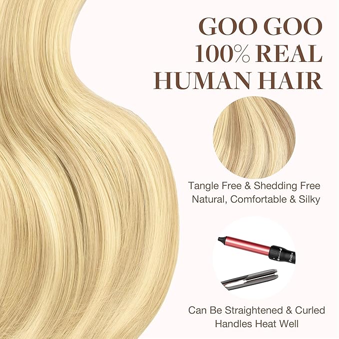 GOO GOO Tape in Hair Extensions Human Hair, 18D/22F Dirty Blonde Highlights, 24inch 30g 10pcs, Skin Weft Seamless Invisible, Silky Straight with Thick Ends, Remy Human Hair