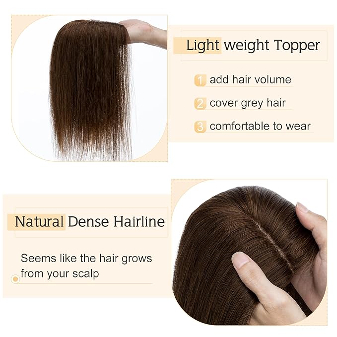 SEGO Human Hair Toppers for Women With Thinning Hair, 7 * 13CM Silk Base 100% Real Human Hair Clip in Top Wiglet Hairpieces -10 Inch No Bangs Medium Brown