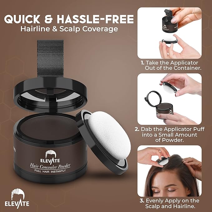 ELEVATE Hair Line Powder Instantly Conceal Hair Loss for Thinning Areas - Shadow Makeup - Root Cover Touch Up with Puff Touch - Instant Gray Coverage for Men and Women (Medium Brown)
