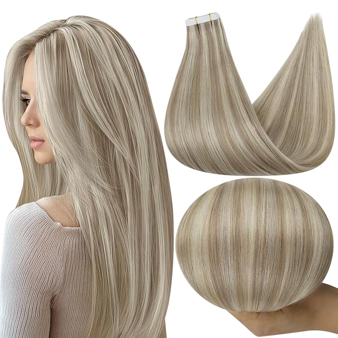 Full Shine Seamless Tape in Hair Extensions Human Hair Color 18/613 Ash Blonde Highlight with Platinum Blonde Tape in Hair Extensions 18 Inch Skin Weft Extension 50G 20 Pcs Natural Straight