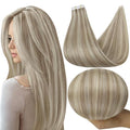 Full Shine Seamless Tape in Hair Extensions Human Hair Color 18/613 Ash Blonde Highlight with Platinum Blonde Tape in Hair Extensions 18 Inch Skin Weft Extension 50G 20 Pcs Natural Straight