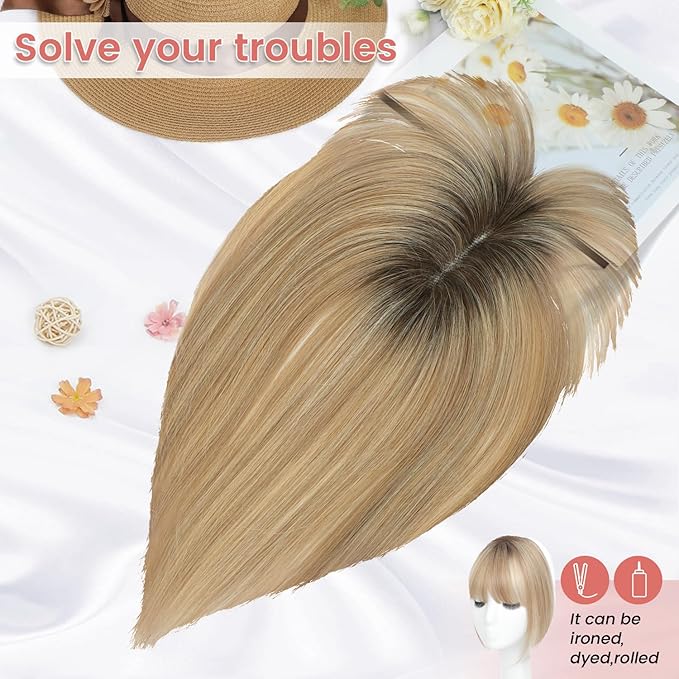 YAMI Hair Toppers for Women Real Human Hair Toppers for Women with Thinning Hair Topper with Bangs (Honey Blonde with Dark Brown Root)