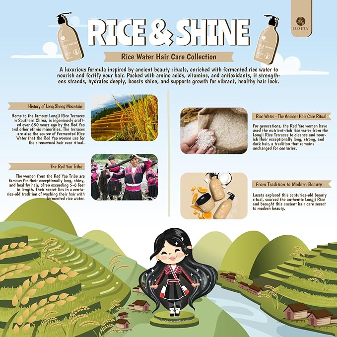 Luseta Rice Water Shampoo and conditioner Set Strengthening & Nourishing Revitalizes Shine for All Hair Types Hydrating & Frizz Control for Women and Men 16.9oz*2