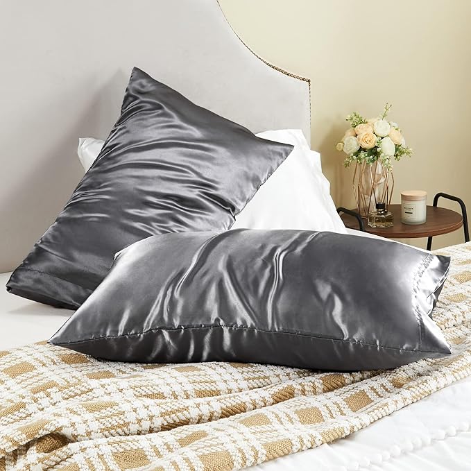 BEDELITE Satin Pillowcase for Hair and Skin, Super Soft and Cooling Similar to Silk Pillow Cases 2 Pack with Envelope Closure, Gift for Women Men(13"x18" Toddler Size, Dark Grey)