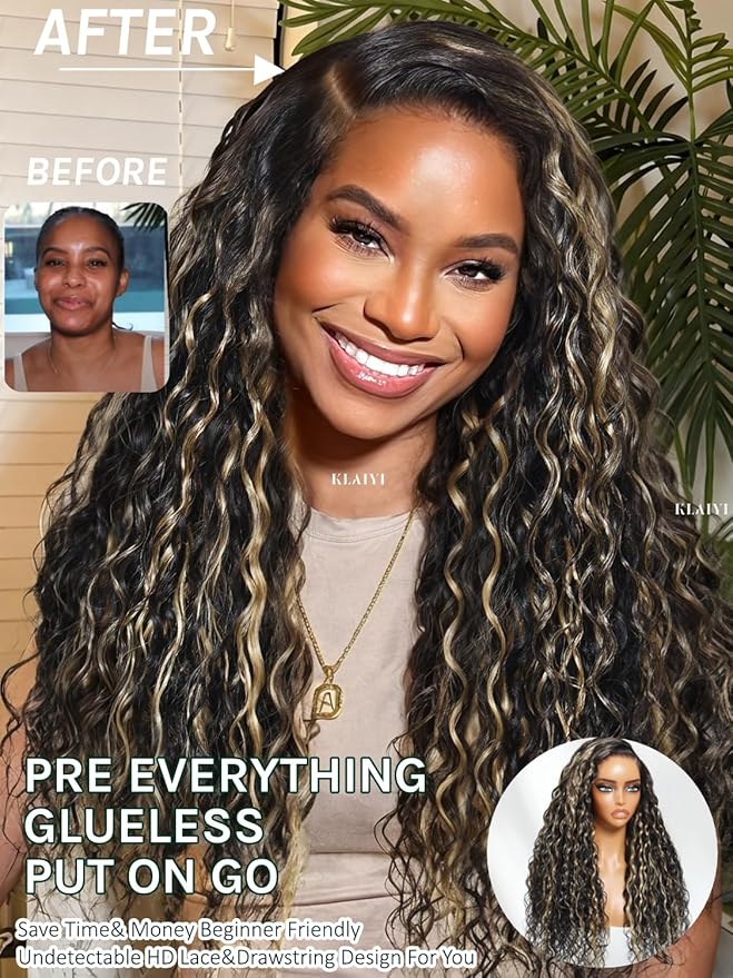 KLAIYI Ombre Highlight Blonde Water Wave Glueless Pre Everything 13x4 Lace Front Wigs Human Hair Drawstring Pre Plucked Pre Bleached Bye Bye Knots Curly Wig with Dark Roots Ready to Wear and Go 20Inch