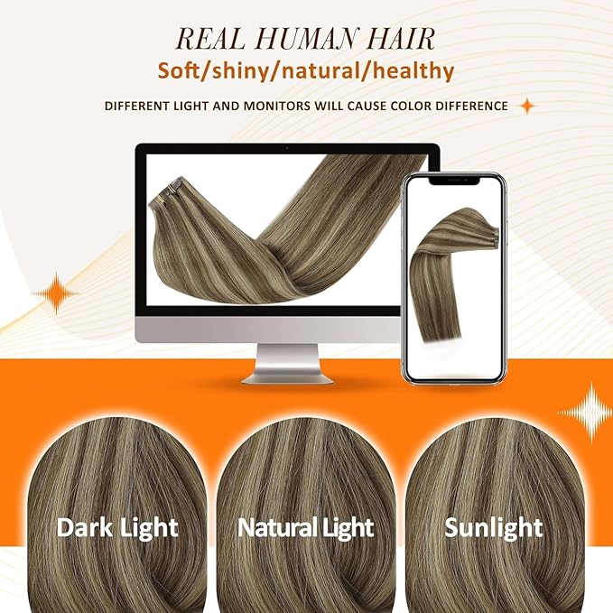 Full Shine Seamless Clip in Hair Extensions 12 Inch Dark Brown with Honey Blonde Highlights Real Human Hair Extensions for Short Hair 8PCS 95G