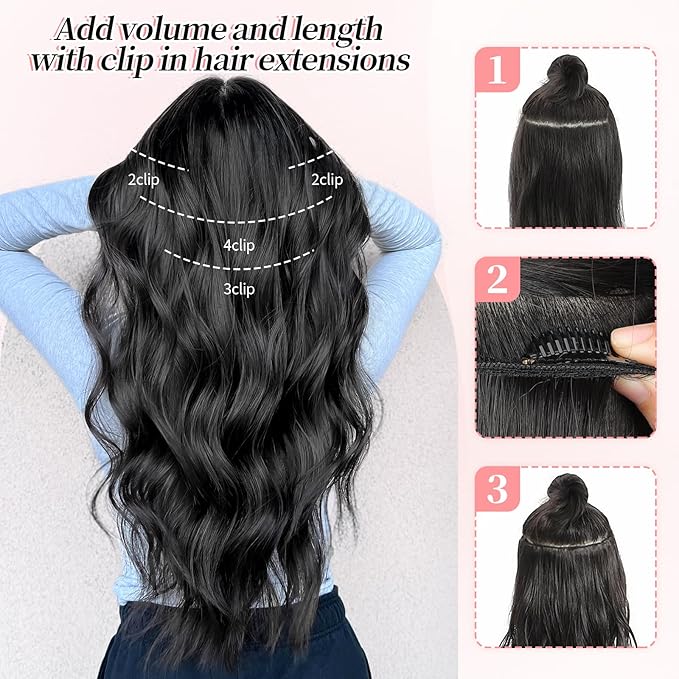 KooKaStyle Clip in Synthetic Hair Extensions Long Wavy 4PCS Thick Hairpieces Chestnut Brown Fiber Double Weft Natural Hair Extensions 24 Inch for Women