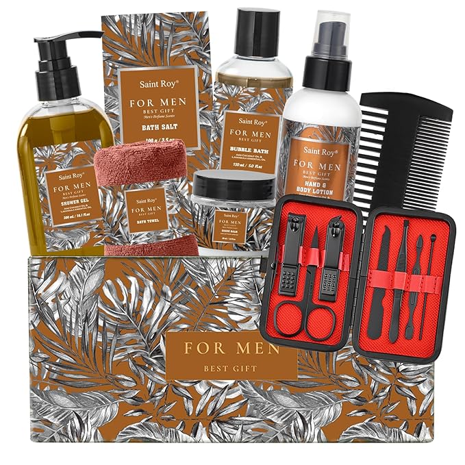 Christmas Spa Gift Basket, Bath Spa Kit for for Men Dad Birthday Bath Gifts Classic Perfume Bath Set for him, men's Shower Gift Basket mens personal care sets Man Bath Beard Spa Gift Baskets Mens Gift