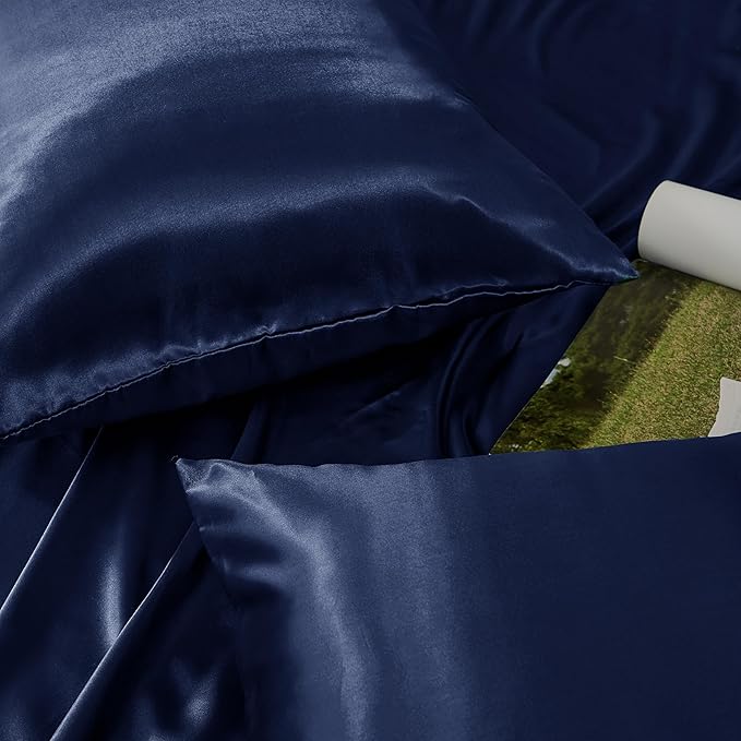 Navy Blue King Size Satin Pillowcase Set of 2 with Envelope Closure,Navy Blue Silk Pillowcase for Hair and Skin (20x36)