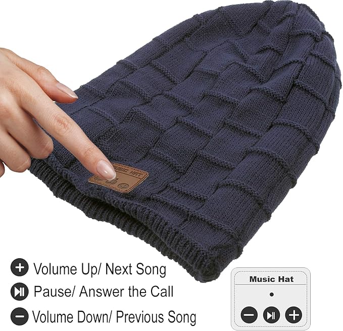 Wireless Music Hat Beanie for Men Women Wireless Headset Headphones Music Audio Boys Girls Winter Cap with Speaker Mic Hands Free Outdoor Sport Stereo Earphone Earpieces Navy Blue