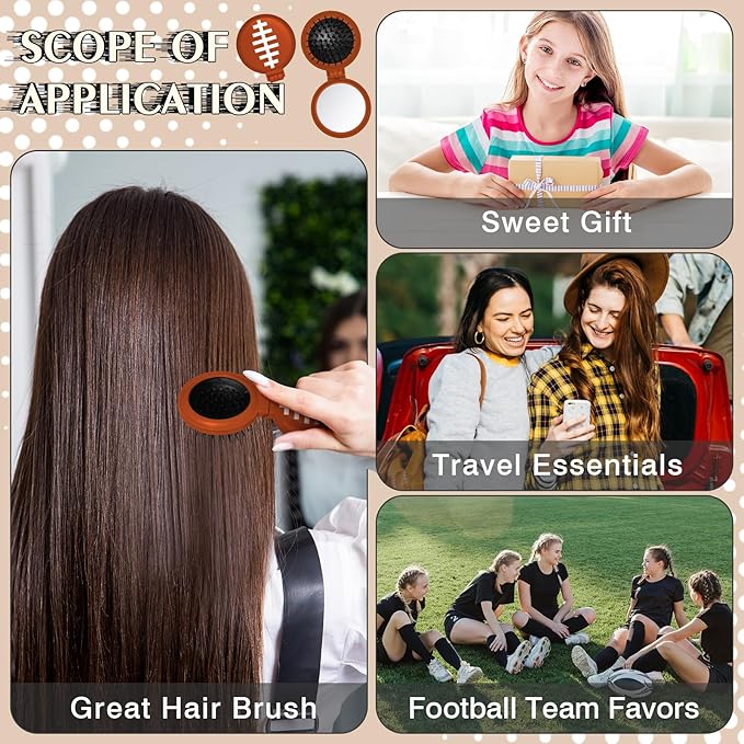 12 Pcs Football Mini Detangler Brush, Folding Mirror Hair Brushes, Travel Hair Brush, No Tangle Soft Flexible Bristles for Straight, Curly, Thick Hair for Football Team Gift Sport Party