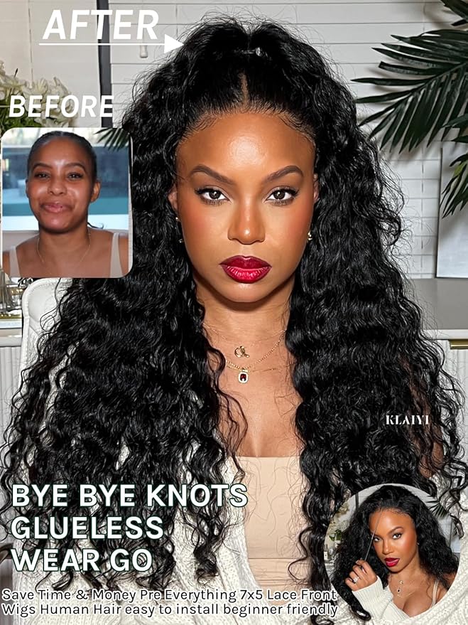 KLAIYI Bye Bye Slip™ Water Wave 7X5 Precut Lace Front Human Hair Wig Drawstring Glueless 3S Ready to Wear and Go Wig with Baby Hair Pre Plucked Bleached Bye Bye Knots Curly Wig 180%Density Full 28Inch
