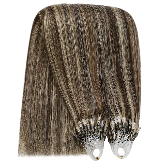 YoungSee Micro Bead Hair Extensions Real Human Hair Highlight Microlink Hair Extensions Dark Brown and Blonde Highlight Micro Loop Hair Extension Human Hair 20In 50g 50s Cold Fusion Hair Extension