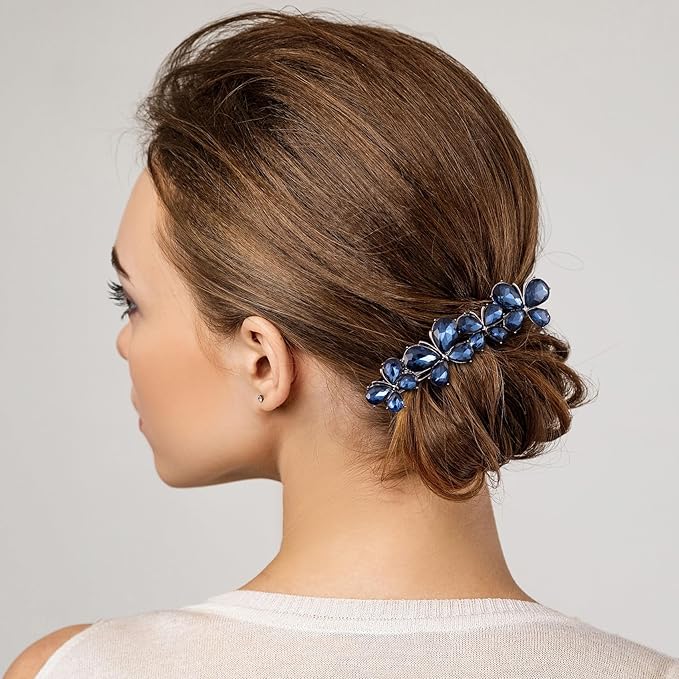 Joez Wonderful Rhinestone Hair Clip Sparkly Crystal Barrettes French Wedding Prom Engagement Pageant First Communion Hair Decorative Accessories for Women Bride Thick Long Hair (Butterfly Blue, 1 Pcs)