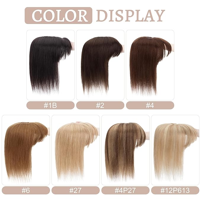 Hair Toppers for Women Real Human Hair With Bangs, 13 * 15 cm Larger Silk Base 150% Density Clip In Topper Hairpieces, Wiglet Top Pieces Add Volume -12 Inch 4P27 Medium Brown&Dark Blonde