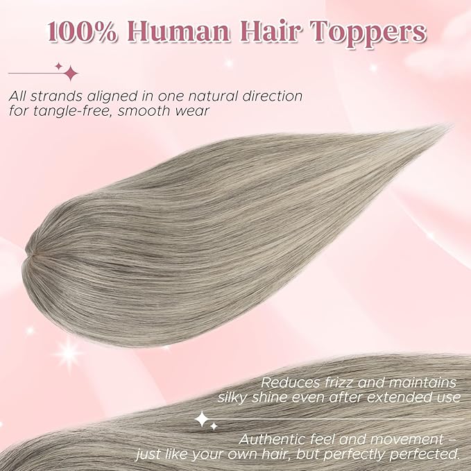 Real Human Hair Toppers for Women 3.54"*4.72" Silky Base 150% Density No Bangs Adjustable Parting Clip-In Topper Hairpieces for Women with Thinning Hair 10 Inches White Mixed Natural Black