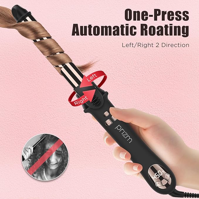 Prizm Nano Titanium Automatic Rotating Curling Iron 1 Inch Worldwide Dual Voltage Curling Wand 11 Temperature Hair Iron Effortless Curls Spinning Barrel LCD Display Negative Ions 360° Swivel Cord