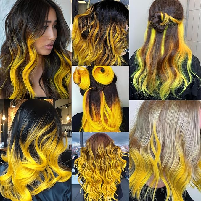 16 Pcs Colored Hair Extensions Curly Wavy Clip in Synthetic Hair Extensions,Colorful Party Highlights Hairpiece Streak for Girls Women Kids Christmas New Year Cosplay Party Gift(Yellow)