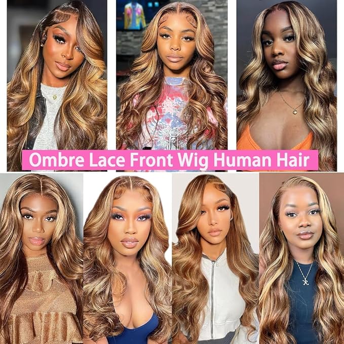 18 Inch 13x6 Lace Front Wigs Human Hair 200 Density P4/27 Highlight Ombre Body Wave HD Lace Front Wigs Human Hair Pre Plucked