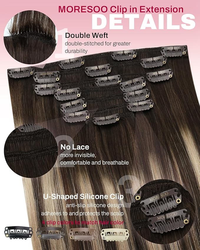 Moresoo Ombre Brown Clip in Hair Extensions Dark Brown to Caramel Blonde Balayage Real Hair Extensions Clip in Human Hair Full Head 16 inch 120g/7pcs