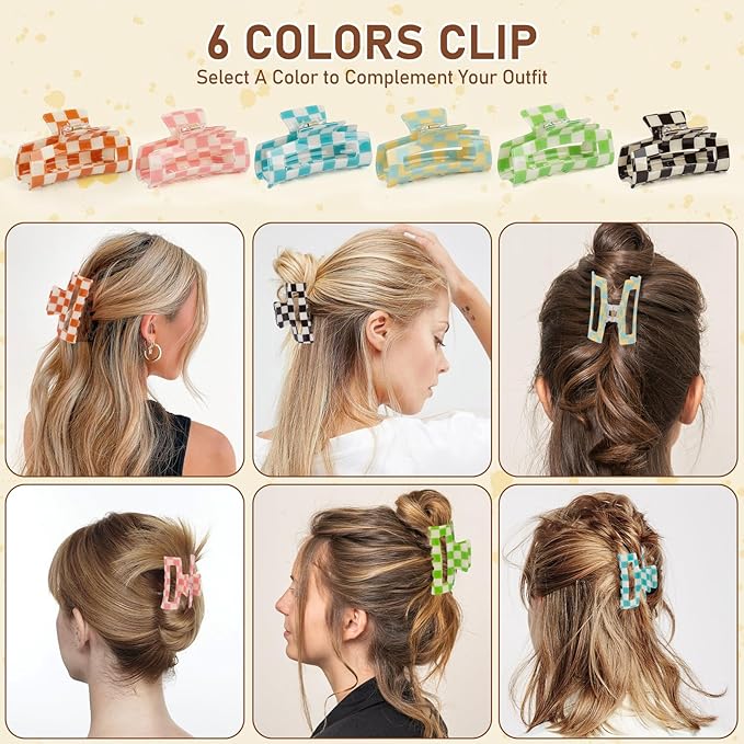 Checkered Claw Clip for Women, 6 Pack Multicolored Rectangle Hair Barrettes, Strong Hold Non-Slip Design Hair Clips Accessories for Thick & Thin Curly Hair, Comfortable All-Day Wear for Girls