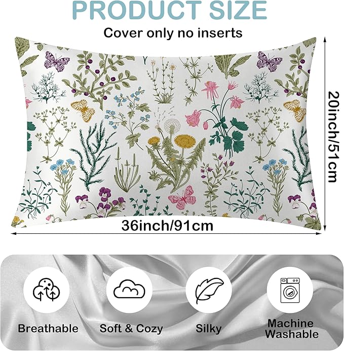 Satin Pillowcase 1 Pack-Leaves Herbs and Wildflowers Silky Pillow Cover for Hair and Skin,King Size 20x36 Inch Soft Cooling Printed Pillow Cases with Hidden Zipper,Gifts for Women Men