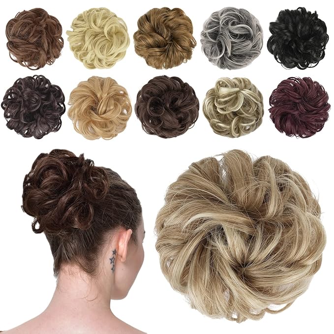 FESHFEN Messy Bun Hair Piece - Elastic Wavy Curly Hair Bun Scrunchies Extensions Synthetic Chignon Hairpieces for Women Girls, Mixed Blonde and Ash Blonde Tips 1.5 oz