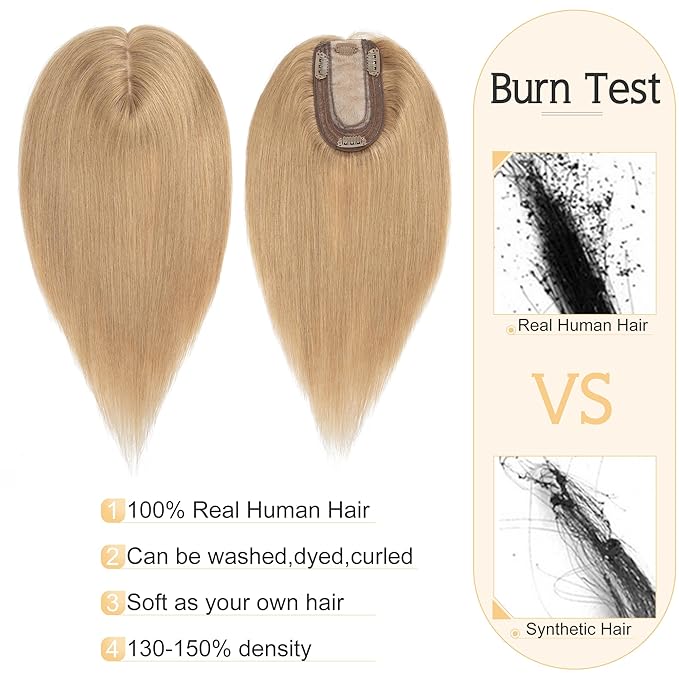 SEGO Human Hair Toppers for Women With Thinning Hair, 7 * 13CM Silk Base 100% Real Human Hair Clip in Top Wiglet Hairpieces -16 Inch No Bangs Dark Blonde