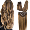 GOO GOO Clip in Hair Extensions Real Human Hair, Remy Human Hair Extensions Clip ins for Women, Natural Human Hair, 16inch 160g 7Pcs, #4/27/4 Balayage Chocolate Brown to Caramel Blonde
