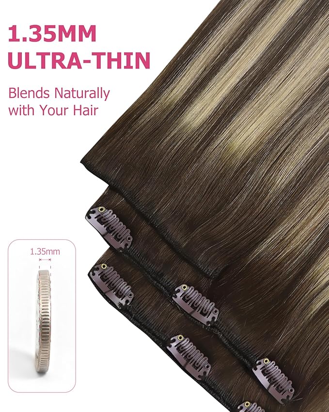 YoungSee 135G Clip in Hair Extensions Brown Balayage Clip in Extensions Real Human Hair Chocolate Brown with Ash Blonde Balayage Remy Hair Extension Clip ins Human Hair Full Head 16Inch 7pcs