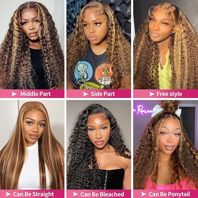 30 Inch Highlight Ombre Deep Wave Lace Front Wig Human Hair Honey Blonde 13x6 HD Lace Frontal Wigs 200 Density 4/27 Curly Wigs Human Hair for Women
