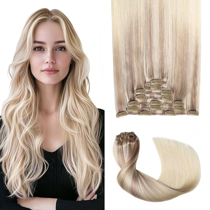 Pro2.0 Clip in Hair Extensions Real Human Hair 22inch 7pcs #18/22/60 Balayage Ash Blonde to Golden Blonde and Platinum Blonde Hair Extensions Clip in Human Hair 120g（#18/22/60-22inch）