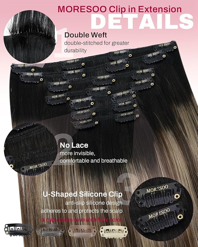Moresoo Clip in Human Hair Extensions Balayage Straight Double Weft Human Hair Clip in Extensions Ombre Off Black Fading to Brown Mixed Dark Golden Blonde 7pcs/150g 20inch