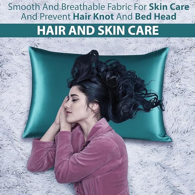 Satin Silk Pillowcase for Hair and Skin, Black Pillow Cases Standard Size Set of 4 Pack Super Soft Pillow Case with Zipper Closure (Teal, Queen(4 Pack))