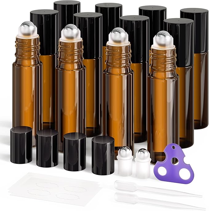 ULG 4/8/12-Pack Essential Oil Roller Bottles 10ml, Empty Bottles with Stainless Steel Roller Balls and Waterproof Labels, Roller Balls For Essential Oils