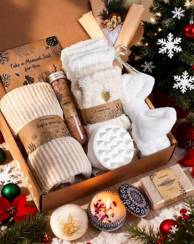 Coralogo Natural Spa Gift Baskets - Natural Pampering Spa Set, Self-Care Get Well Soon Basket,Thank You Gifts, Unique 11pcs Gift Set for Birthday Christmas Valentines Day Mothers Day