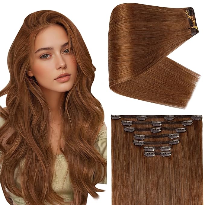 Full Shine Real Human Hair Extensions Clip ins Auburn 18 Inch Strawberry Blonde Hair Extensions 135 G Ginger Hair Clip in Extensions 7 Pcs