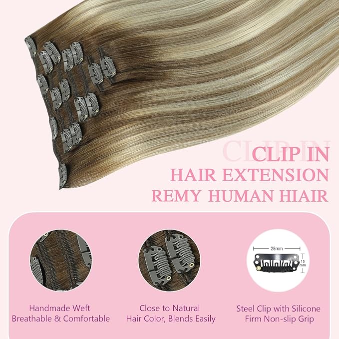 PINKPEARL Clip in Human Hair Extensions #3/8/22 Balayage Walnut Brown to Ash Brown and Golden Blonde Clip in Hair Extensions Real Human Hair 7pcs 120g 20inch Human Hair Extensios Clip ins(#3/8/22-20)
