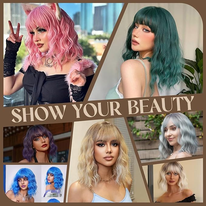 MISSQUEEN Light Brown Wavy Wig with Bangs Short Synthetic Curly Blonde Brown Highlight Wigs Heat Resistant Synthetic Fibre Wigs for Women Girls Daily Party Holiday Festival Chrismas Used
