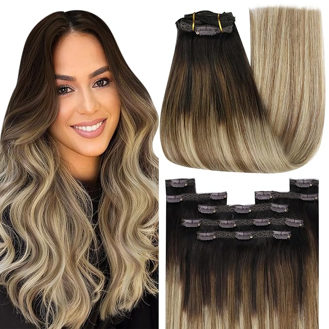 YoungSee Balayage Clip in Hair Extensions Real Human Hair Ombre Clip in Extensions Remy Hair Clip on Hair Extension Dark Brown Roots to Light Brown with Blonde 12inch 85g