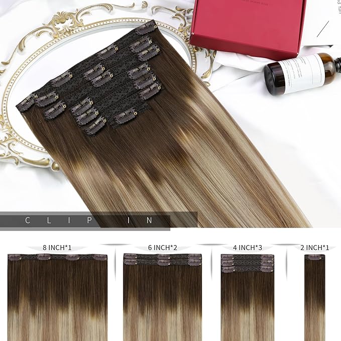 Moresoo Balayage Clip in Hair Extensions Real Human Hair Brown to Light Brown with Golden Blonde Double Weft Clip in Human Hair Extensions 7Pieces 120Grams 24inch