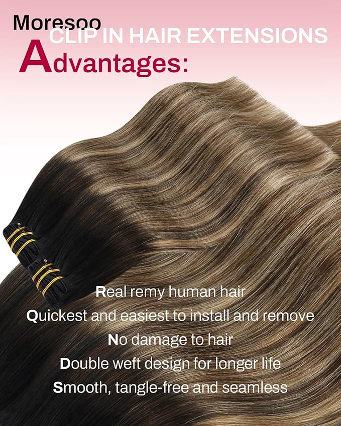 Moresoo Balayage Clip in Hair Extensions Human Hair Clip on Hair Extensions Ombre Black to Brown with Caramel Blonde Double Weft Full Head 7Pcs 120G 22 Inch