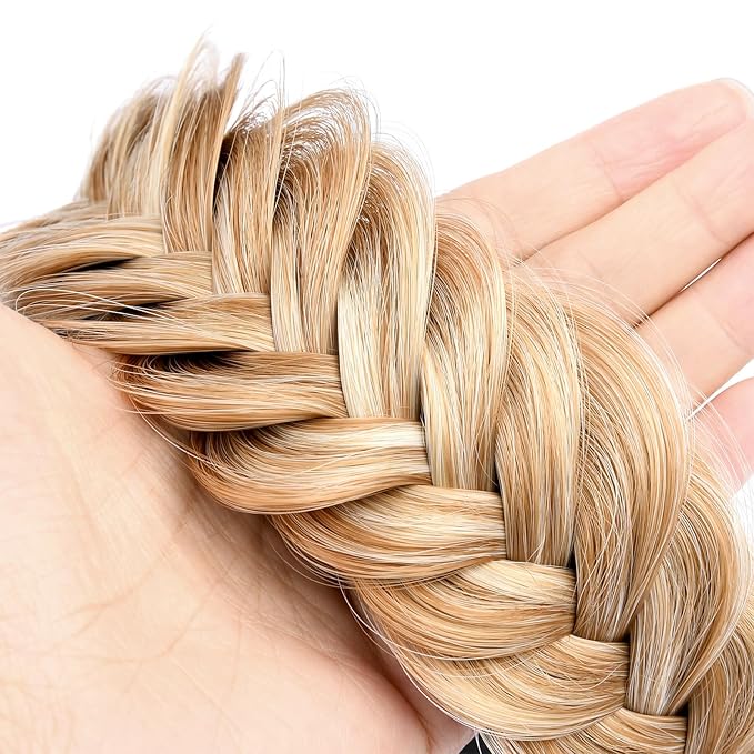 DIGUAN Wide Messy Braided Headband With Teeth Synthetic Hair Plaited Headband High Elasticity Braids Chunky Fishtail Braided Hair Band Hairpiece for Girls Women Beauty Accessory (Golden Blonde)