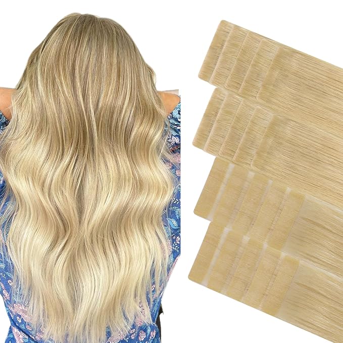 GOO GOO Invisi edge Tape in Hair Extensions Human Hair, 18AP60A Pearl Ash Blonde Highlights 10pcs injected with 10pcs classical tape ins, 22inch 50g, Virgin Human Hair Tape ins