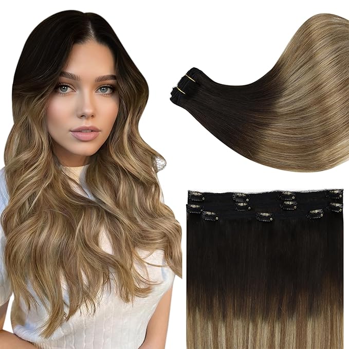 Full Shine Balayage Clip in Hair Extensions 12 Inch Hair Extensions Clip in Balayage Off Black Fading to Brown with Medium Blonde Remy Hair for Short Hair 3 PCS 60 Grams