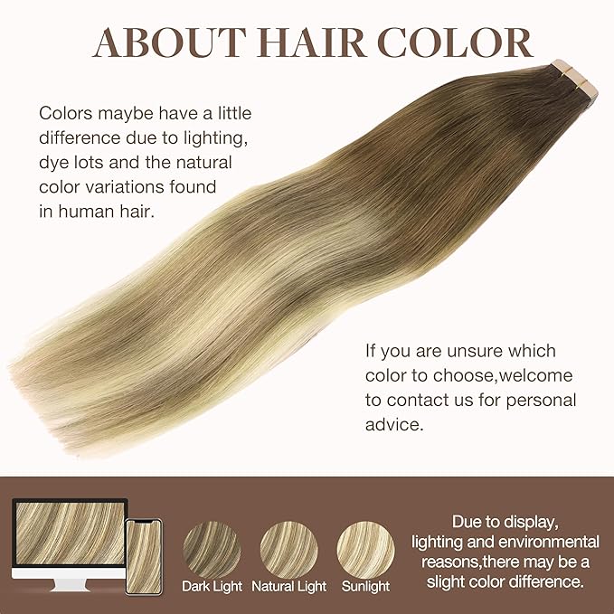 GOO GOO Tape in Hair Extensions Human Hair, 3/8/613 Walnut Brown to Ash Brown and Bleach Blonde, 22inch 50g 20pcs, Skin Weft Seamless Invisible, Silky Straight with Thick Ends, Remy Human Hair