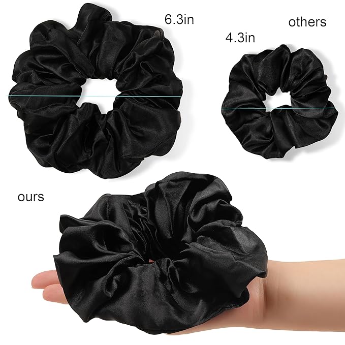 Black Scrunchies Hair Ties for Women - Big Satin Scrunchie Exra Large Jumbo Gaint Oversized Cute Scrunchy for Curl Thick Hair Ligas Para el Cabello De Mujer Decorations Hair Accessories